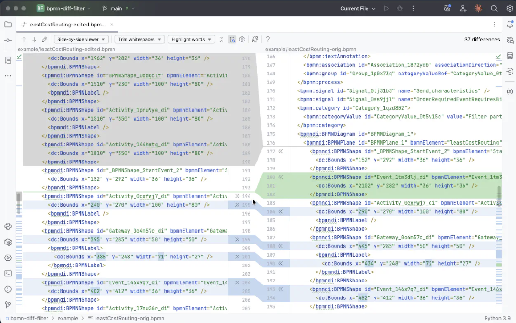 Side by side Git diff view showing two versions of a BPMN XML file. Both panes are filled with long blocks of highlighted XML where diagram coordinates and bounds have changed, creating dozens of added and removed lines even though the logical process remains the same. Noisy BPMN XML diff before applying bpmn-diff-filter